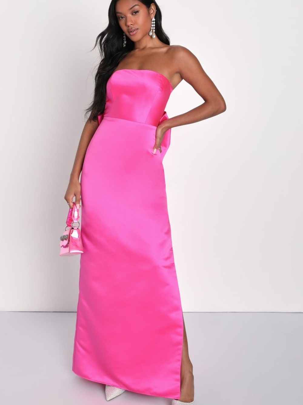 Lulu's Fabulous Intentions Hot Pink Satin Strapless Bow Maxi Dress